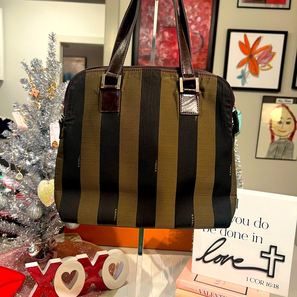 SOLD. Authentic Fendi leather top handle pequin stripped canvas vintage bag.